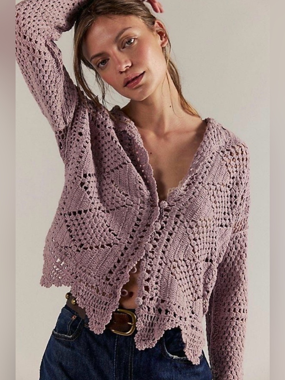 Free People We The Free Friend of a Friend Crochet Cardigan Sweater NWOT Mauve M
